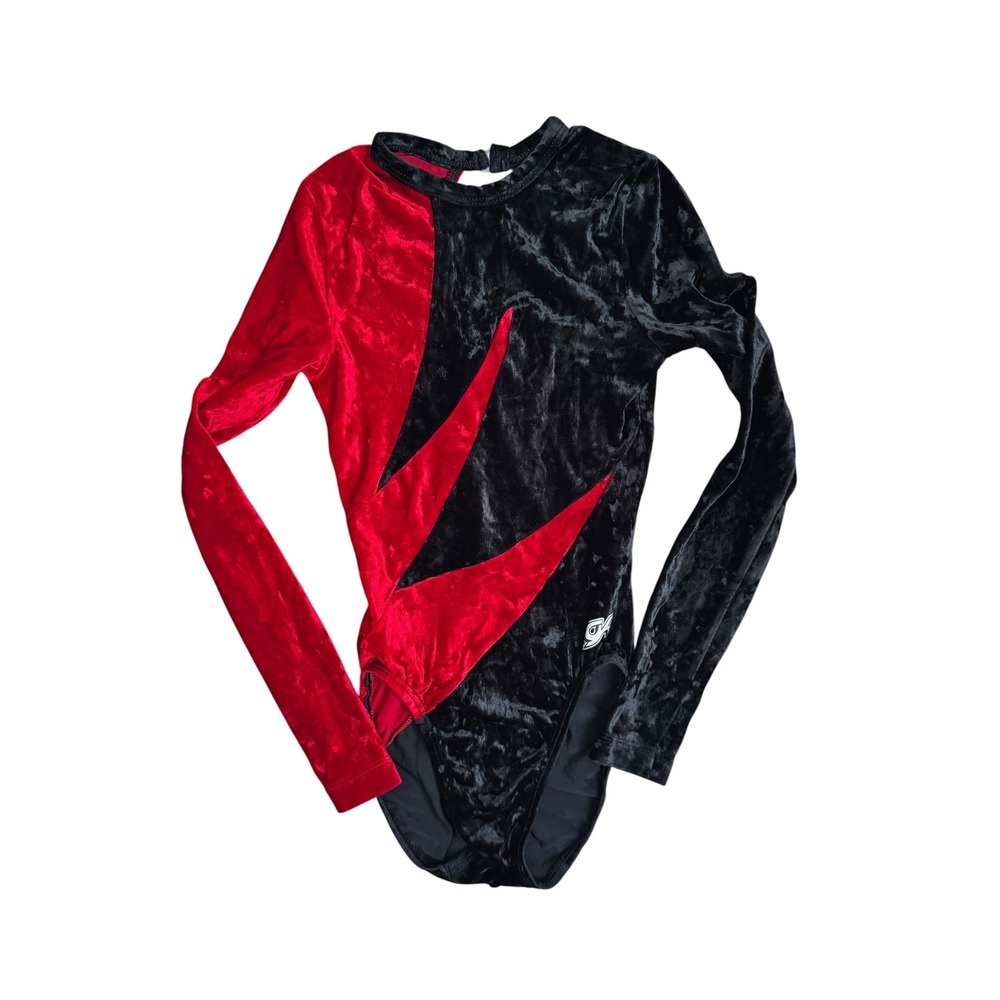 GK Elite Red Black Crushed Velvet Long Sleeve Gymnastics Leotard Women's Small